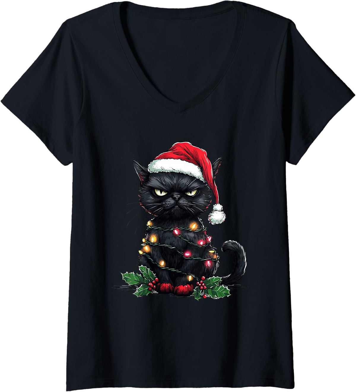 Women's Funny Black Cat Santa Hat Merry Christmas Tree Lights Cat V-Neck T-Shirt - Black
