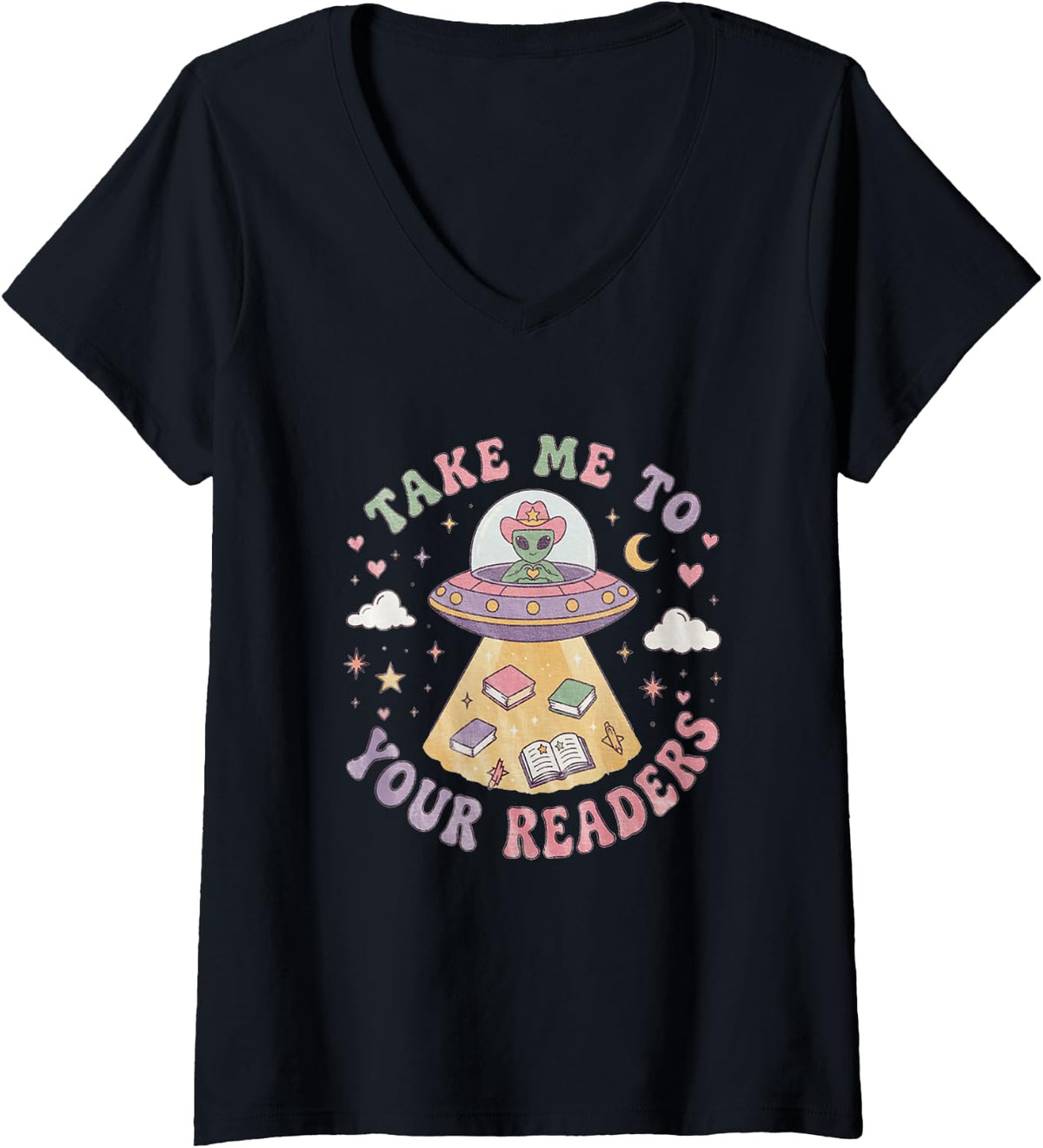 Women's Retro Cute Alien Reading Teacher Library Back to School V-Neck T-Shirt - Black