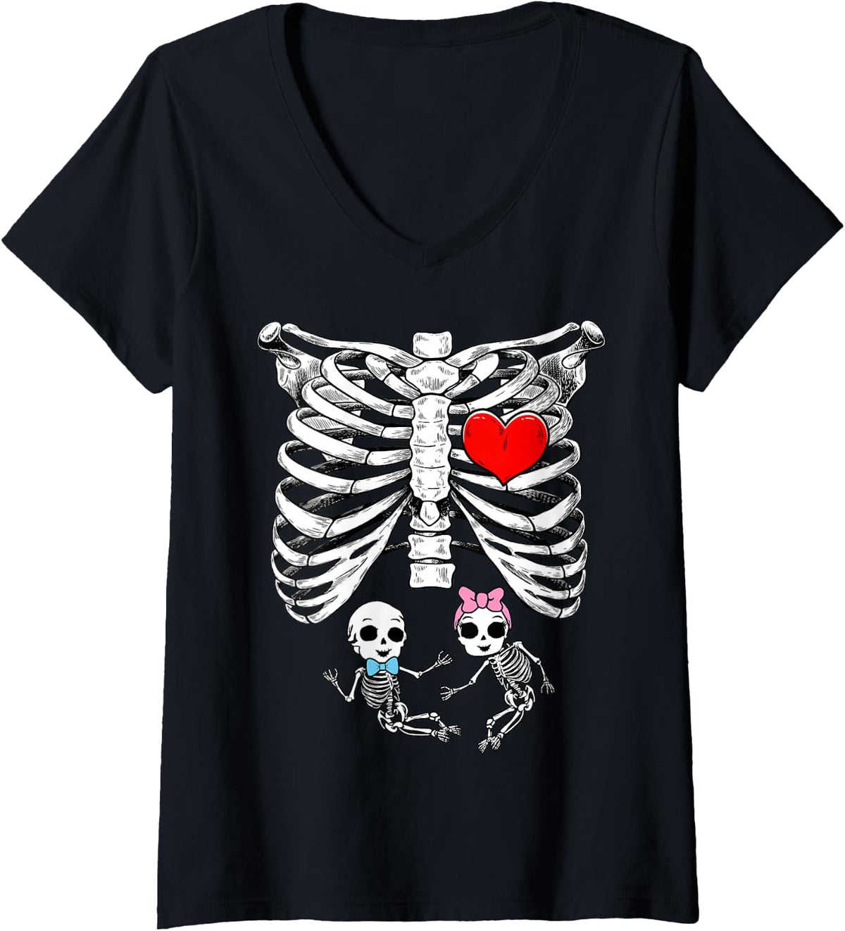 Women's Halloween Pregnancy Announcement Skeleton Girl Boy Twins V-Neck T-Shirt - Black