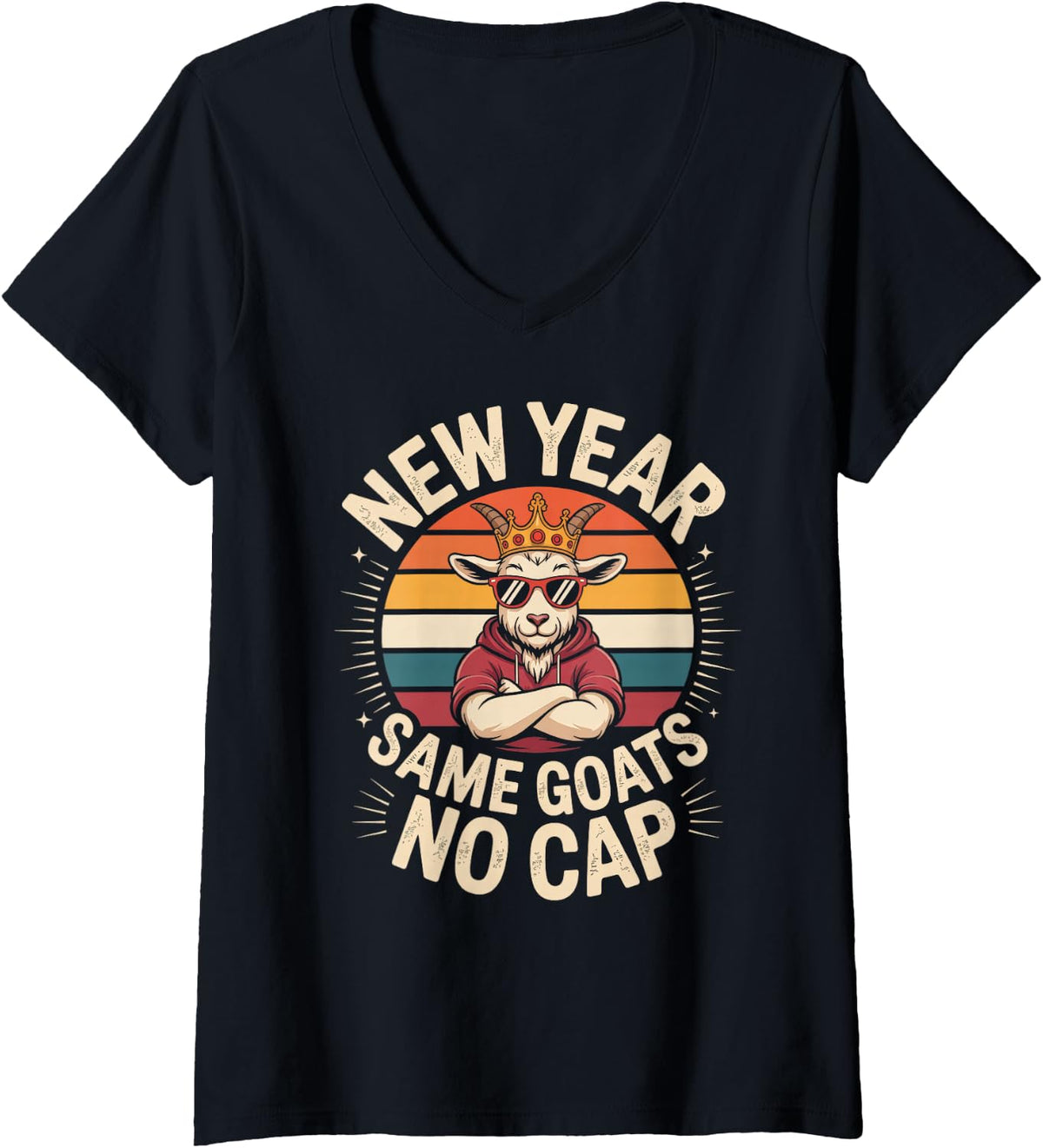 Women's Vintage NEW Year Same Goats NO Cap Goated Rizz Teacher Happy V-Neck T-Shirt - Black