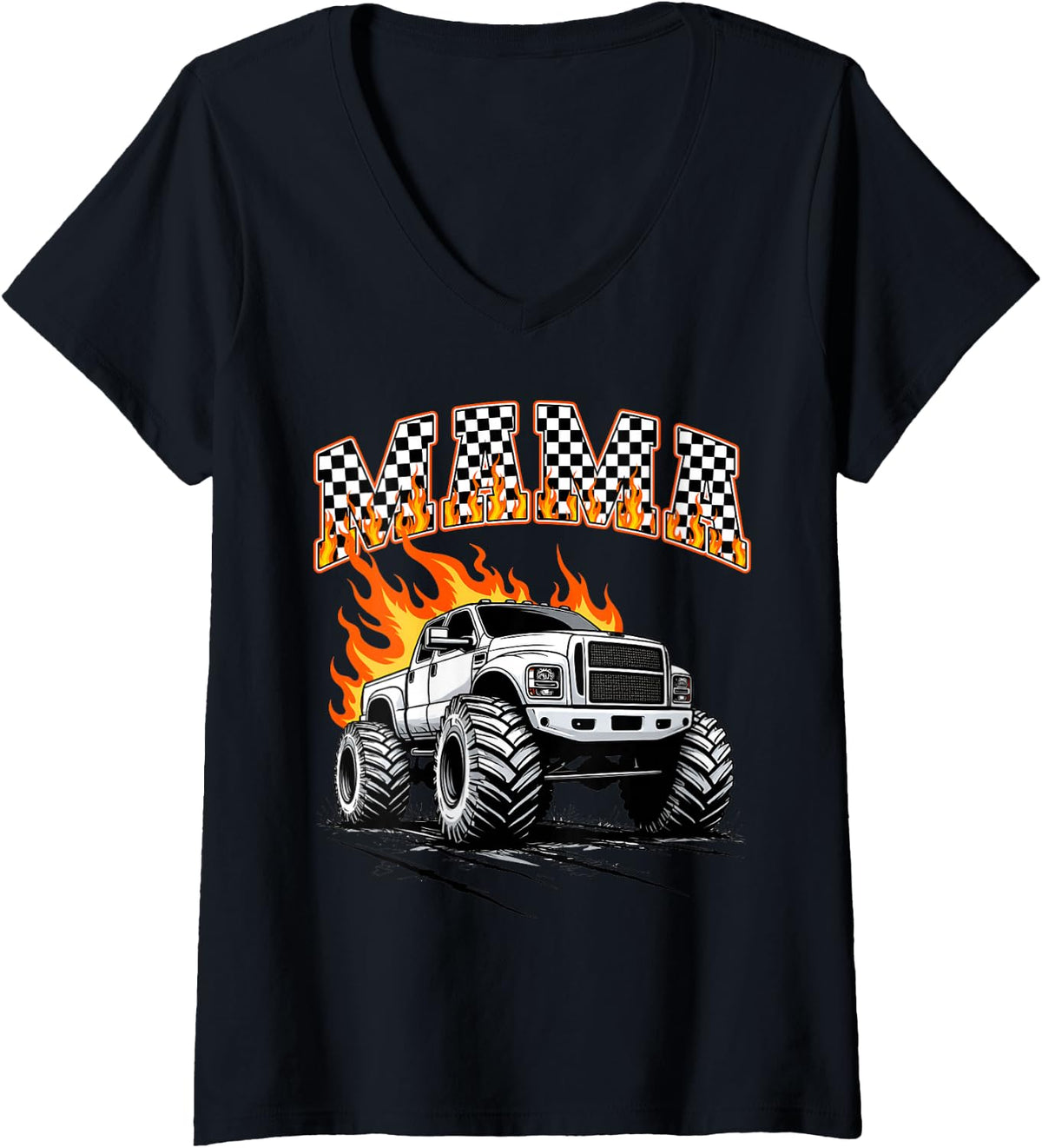 Women's Retro Mama Monster Truck Birthday Matching Mom Monster Truck V-Neck T-Shirt - Black