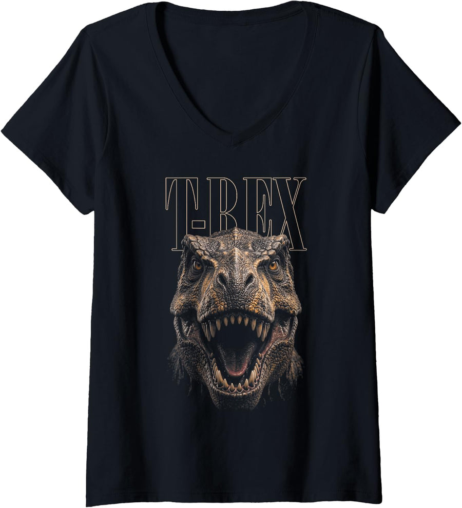 Women's T-Rex Face Dinosaur Wildlife Nature Dino T-Rex V-Neck T-Shirt - Black