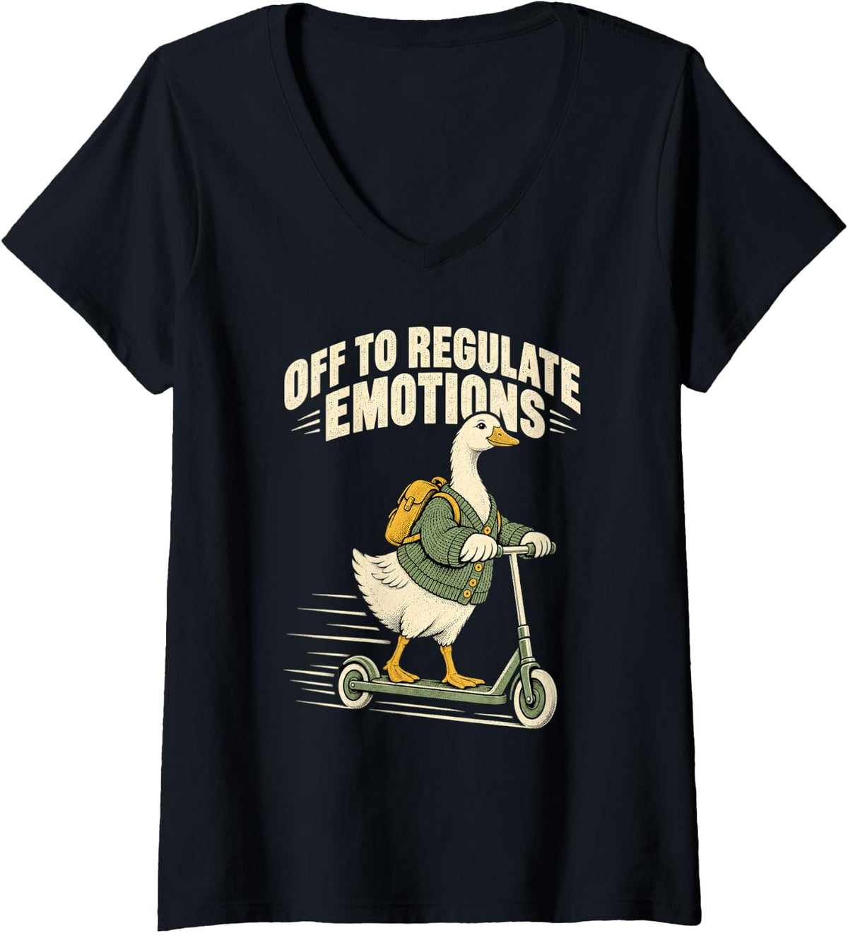 Women's Silly Goose Riding A Scooter Off to Regulate Emotions V-Neck T-Shirt - Black