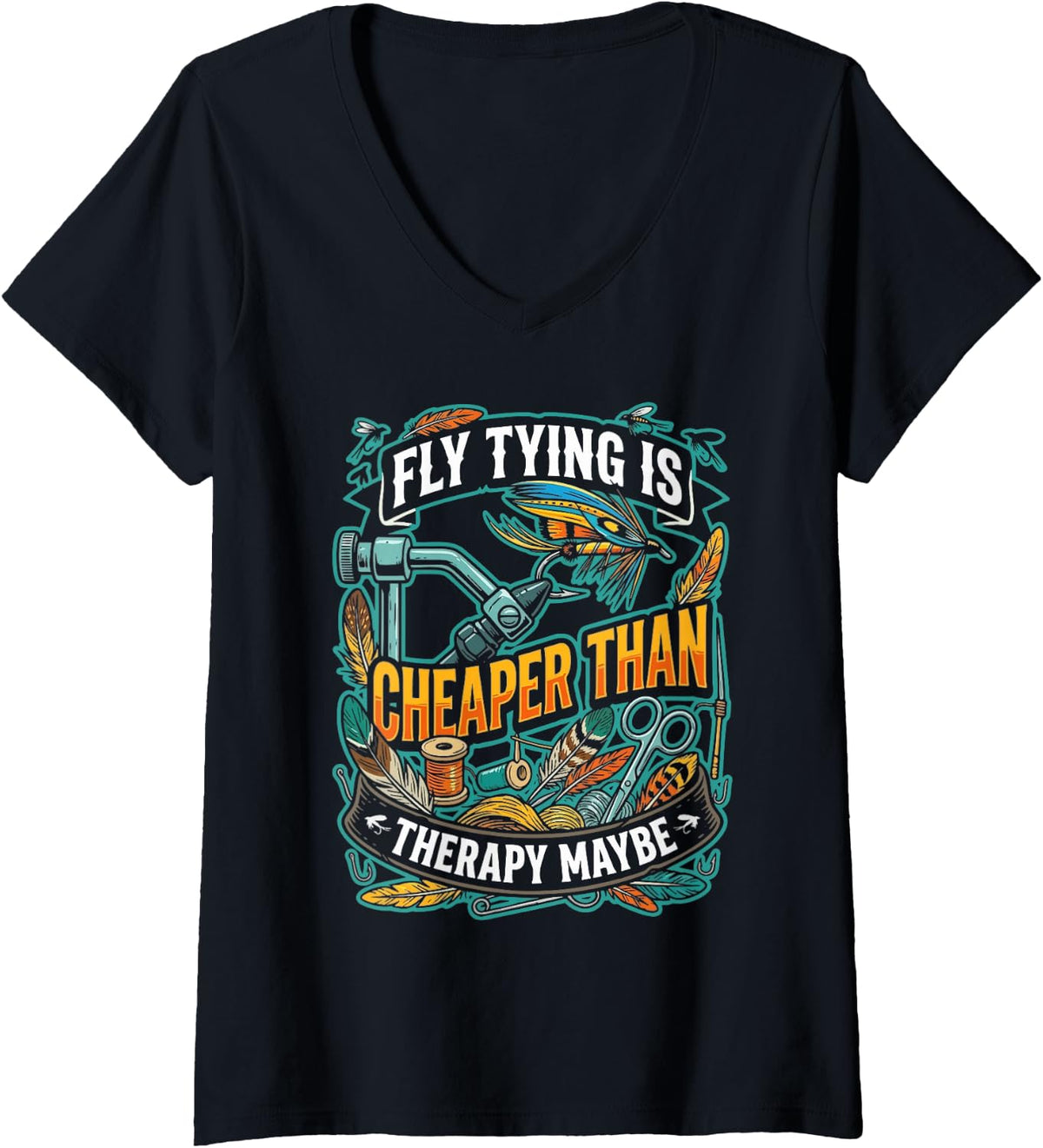 Women's Artificial Fly Tying Fly Fishing Reel Trout Flies V-Neck T-Shirt - Black