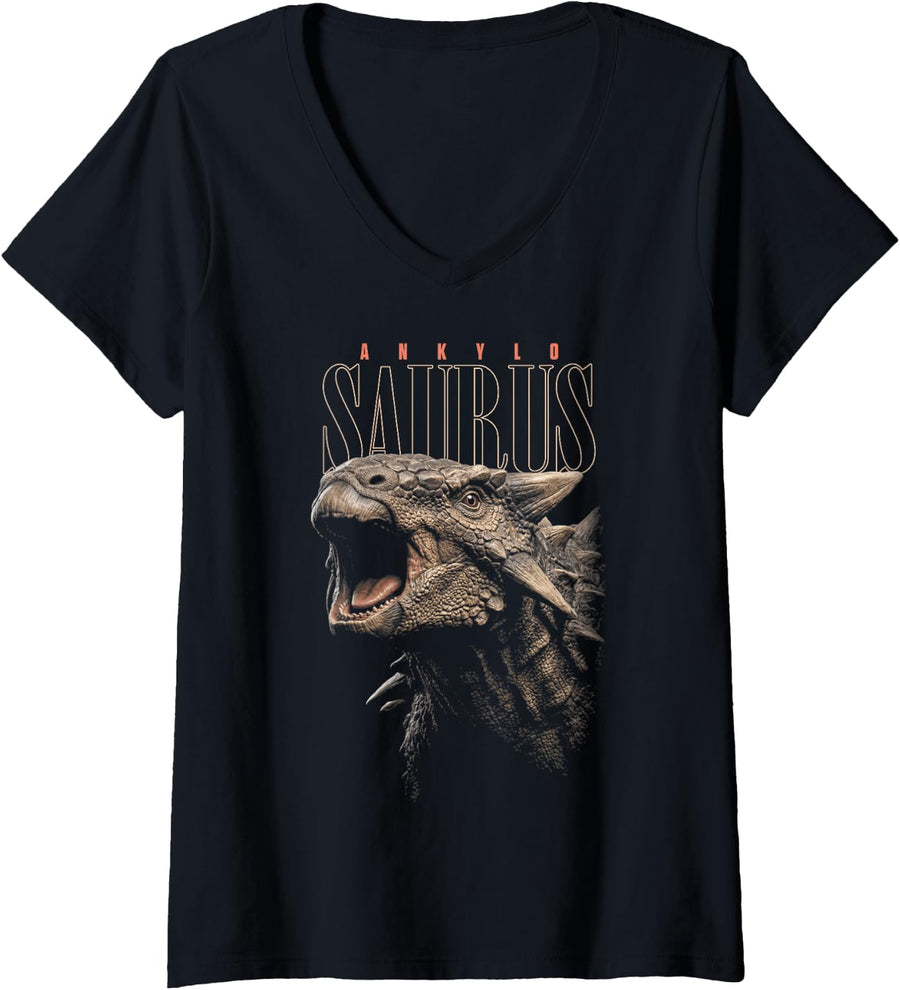 Women's Ankylosaurus Face Dinosaur Wildlife Nature Dino Ankylosaurus V-Neck T-Shirt - Black