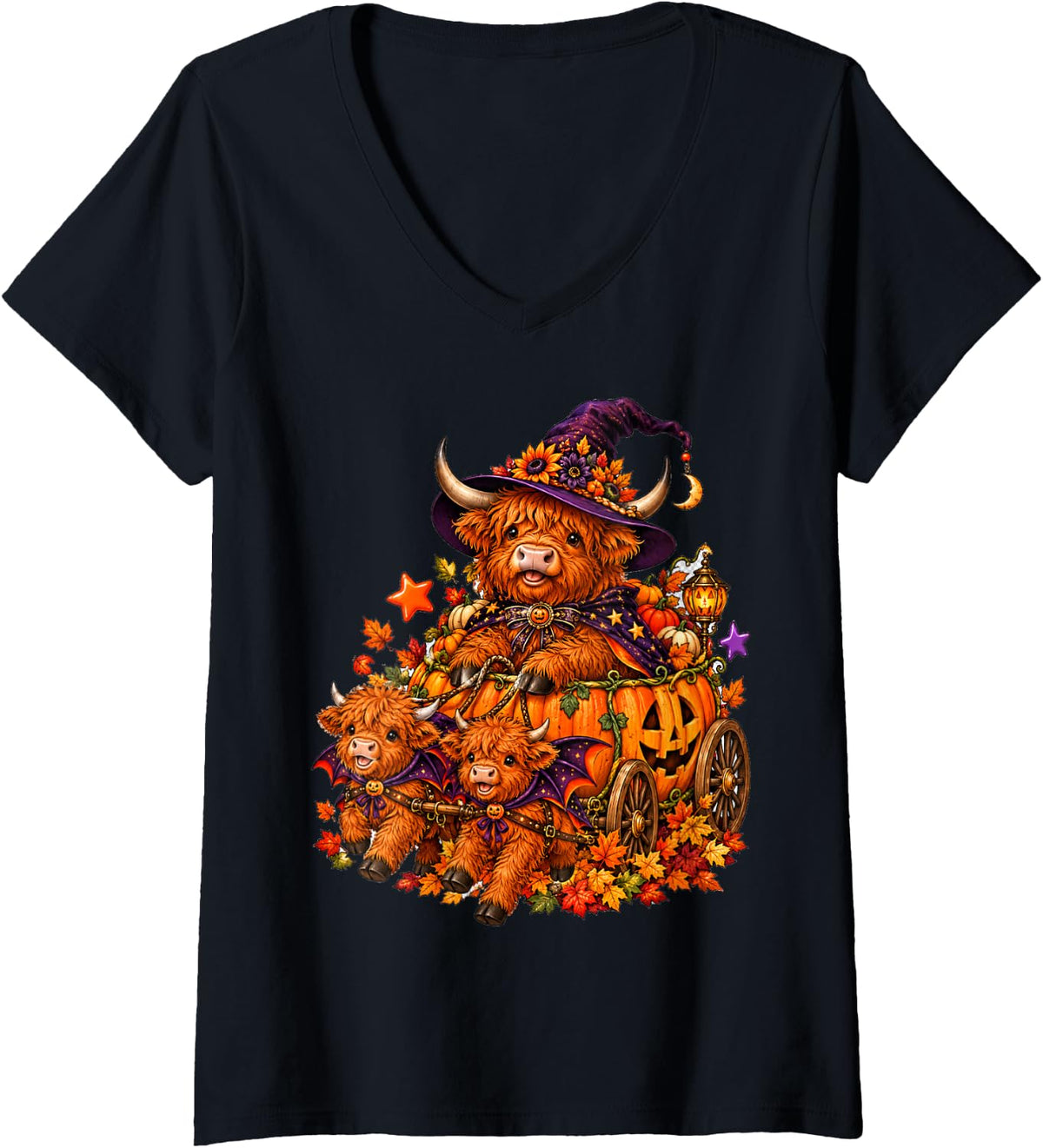 Women's Halloween Highland Cow Witch in Jack O Lantern Carriage V-Neck T-Shirt - Black