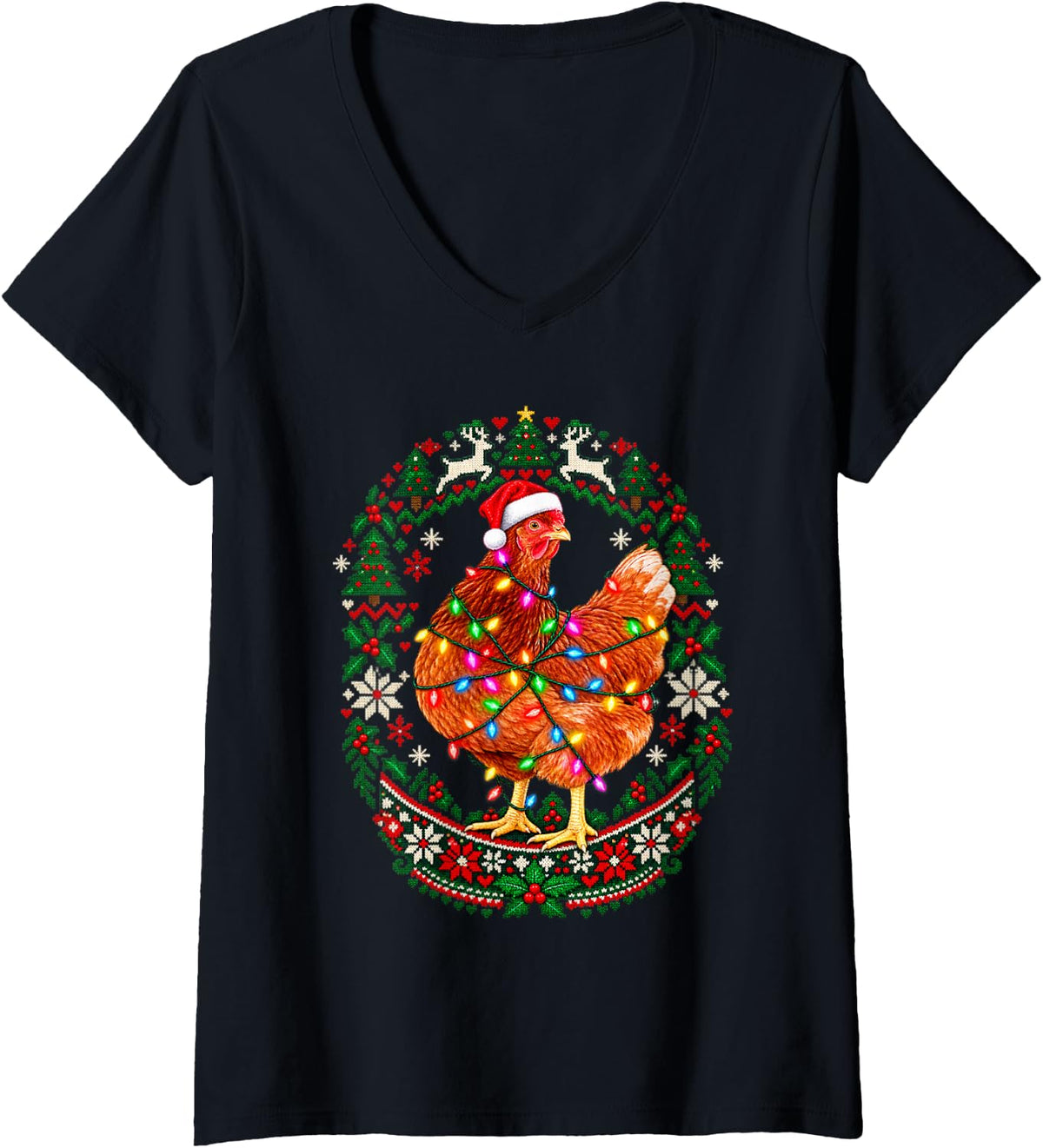 Women's Christmas Chicken Curious Santa Hat Snowflake Knit Medallion V-Neck T-Shirt - Black