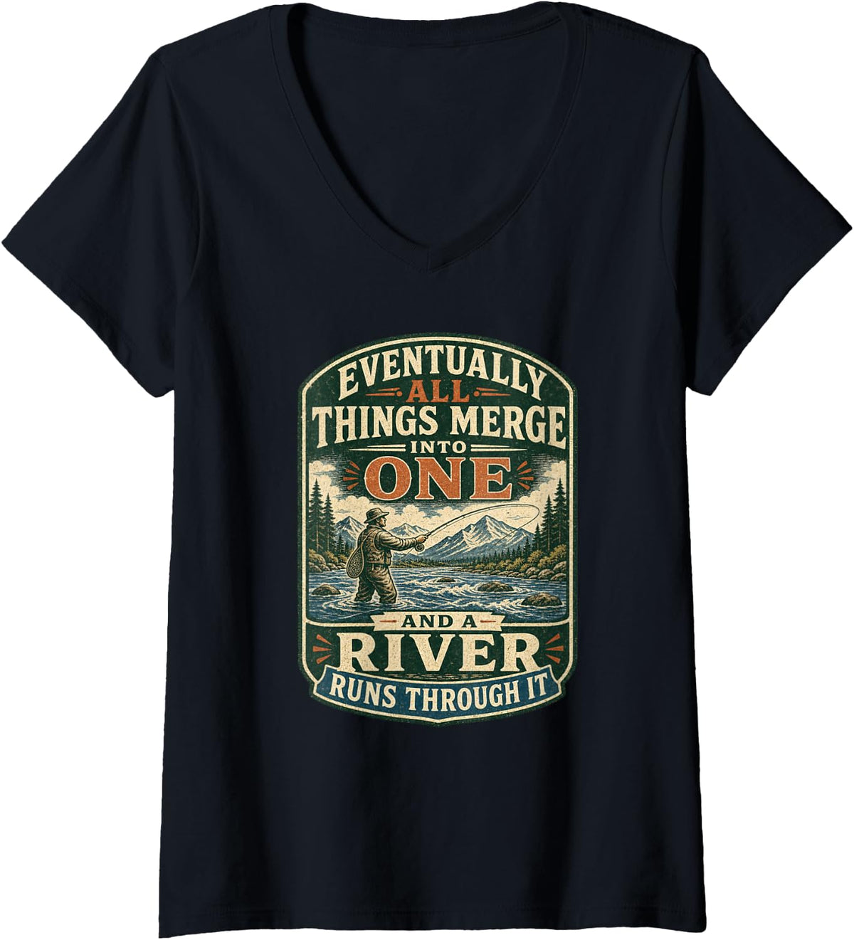 Women's A River Runs Through It Vintage Fly Fishing V-Neck T-Shirt - Black