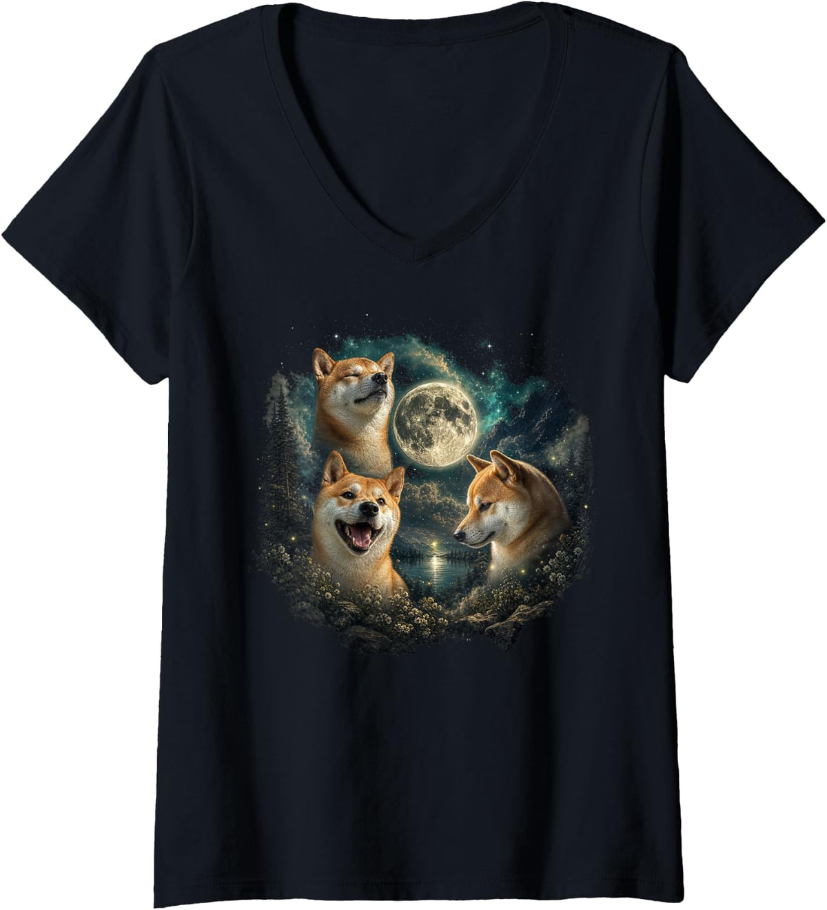 Women's Shiba Inu Faces with Full Moon and Stars V-Neck T-Shirt - Black