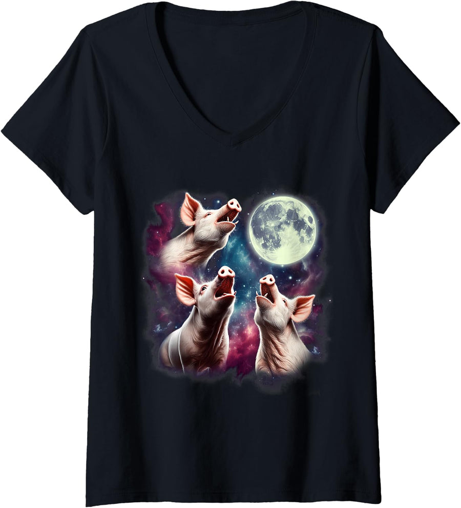 Women's Three Pigs Howling at Moon Funny Weird Cursed Meme V-Neck T-Shirt - Black