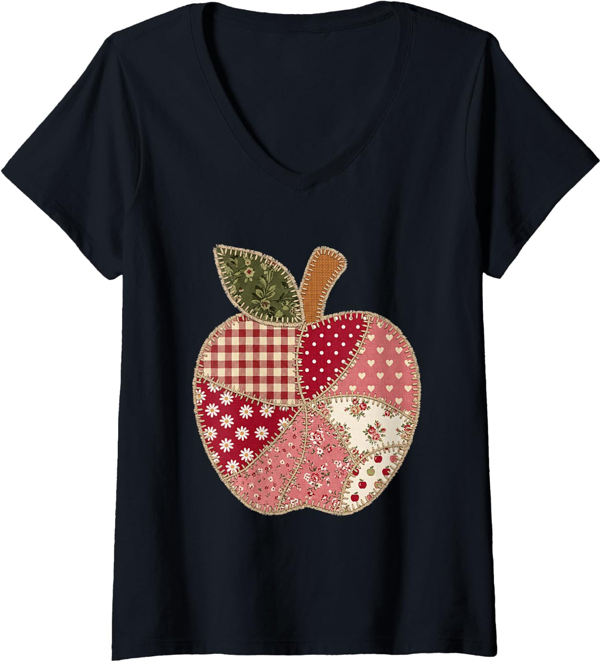 Women's Vintage Quilted Apple Cute Teacher Back to School V-Neck T-Shirt - Black