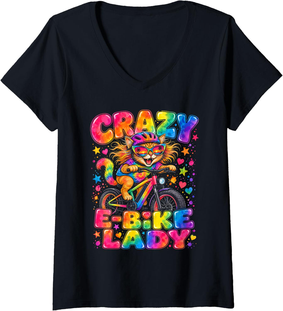 Women's Crazy E Bike Lady Funny Electric Bike Cat Cycling V-Neck T-Shirt - Black