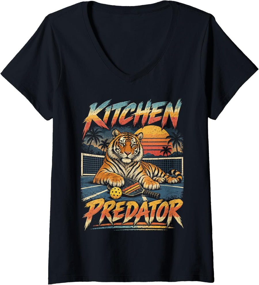 Women's Funny Pickleball Player Tiger Retro 80s Synthwave Kitchen V-Neck T-Shirt - Black