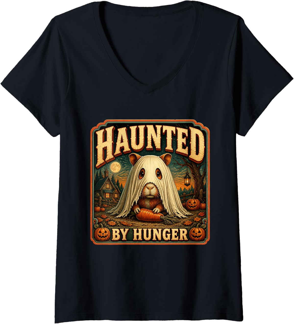 Women's Haunted By Hunger Guinea Pig Graphic Small Pet Halloween V-Neck T-Shirt - Black