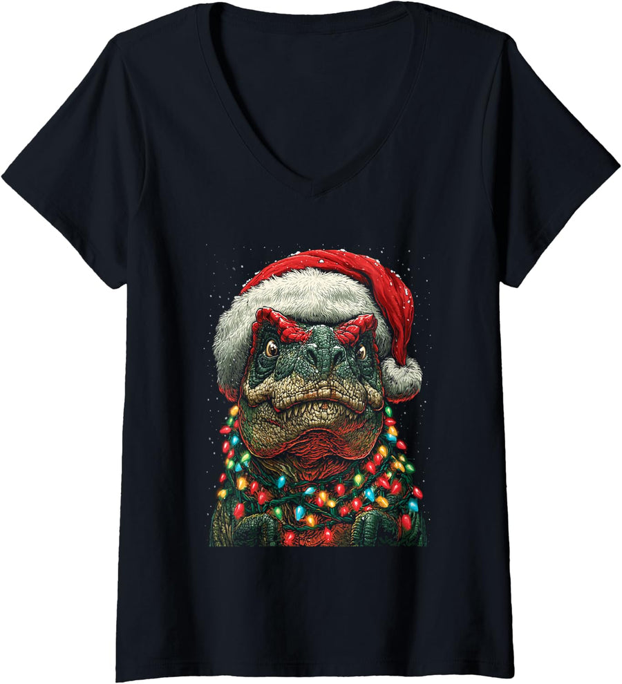 Women's T-rex with Snow Christmas Lights Santa Hat Winter Dinosaur V-Neck T-Shirt - Black