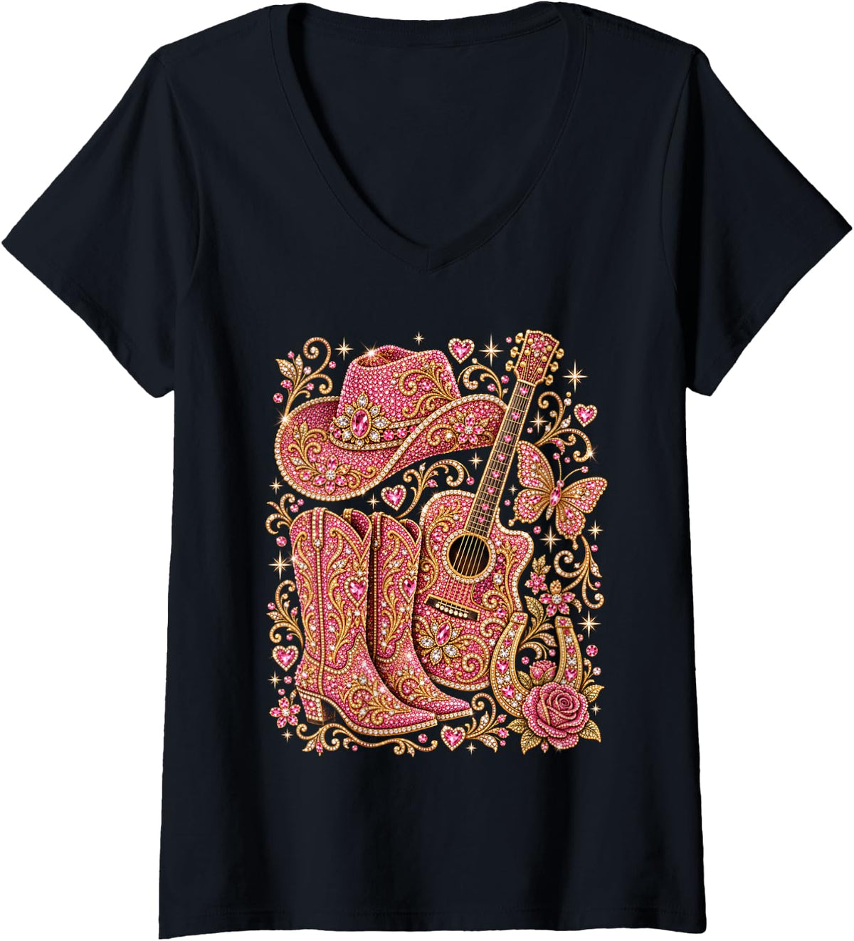Women's Western Country Pink Cowboy Boot cowboyhat Guitar Butterfly V-Neck T-Shirt - Black