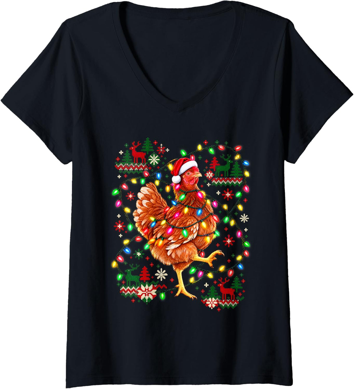 Women's Christmas Chicken Proud Santa Hat Ornate Holiday Men Women V-Neck T-Shirt - Black