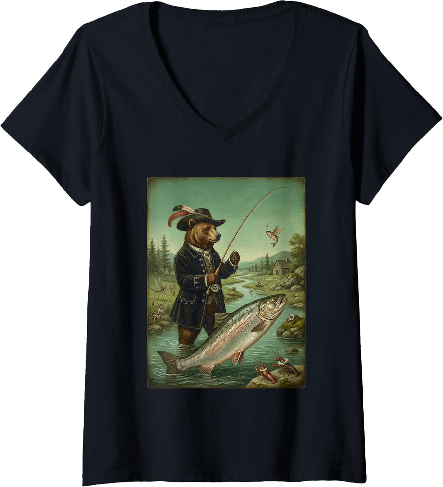 Women's Victorian Bear Fly Fishing Angler Funny V-Neck T-Shirt - Black