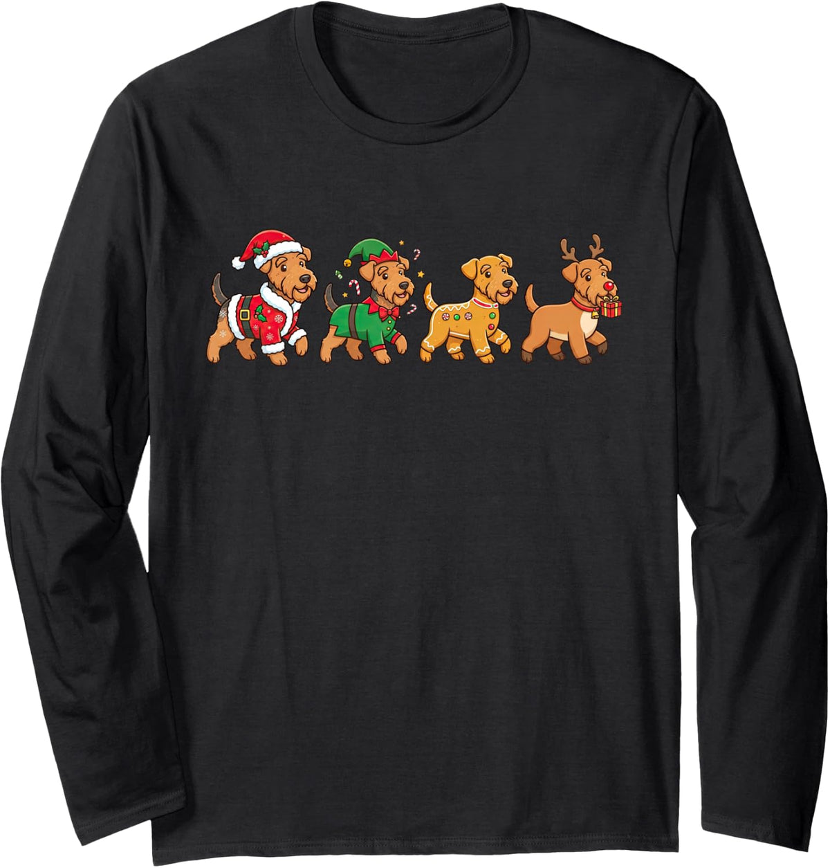 Funny Christmas Airedale Terrier Santa Elf Womens Mens Kids Long Sleeve T-Shirt - Adult Unisex Black