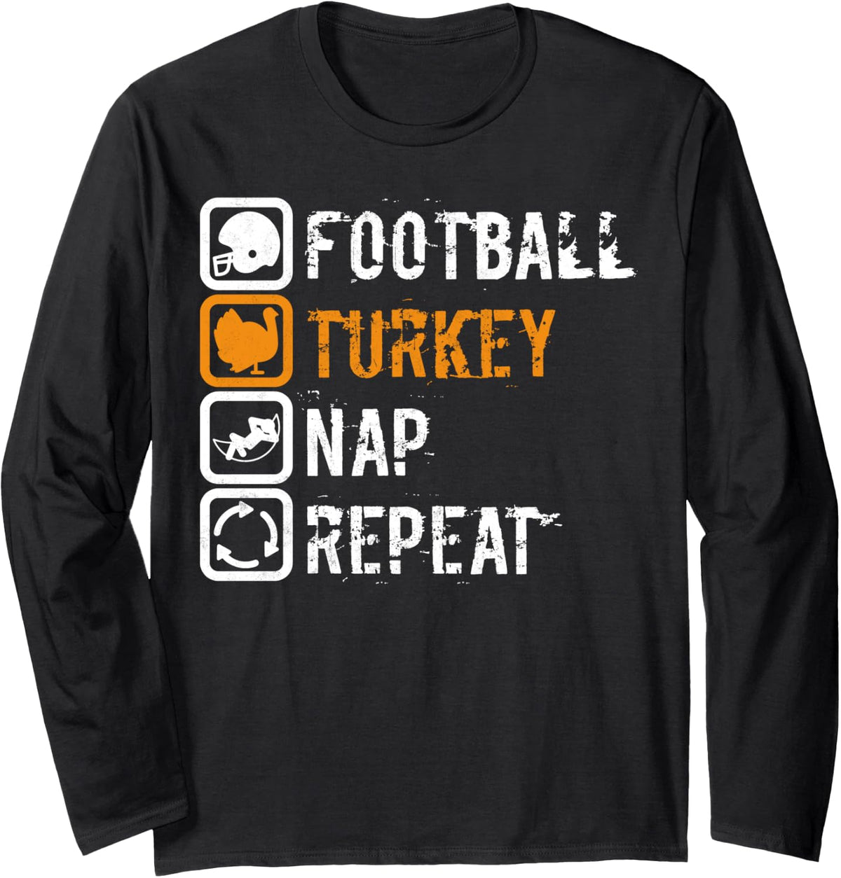 Turkey Day Shirt Football Turkey Nap Repeat Thanksgiving Day Long Sleeve T-Shirt - Adult Unisex Black