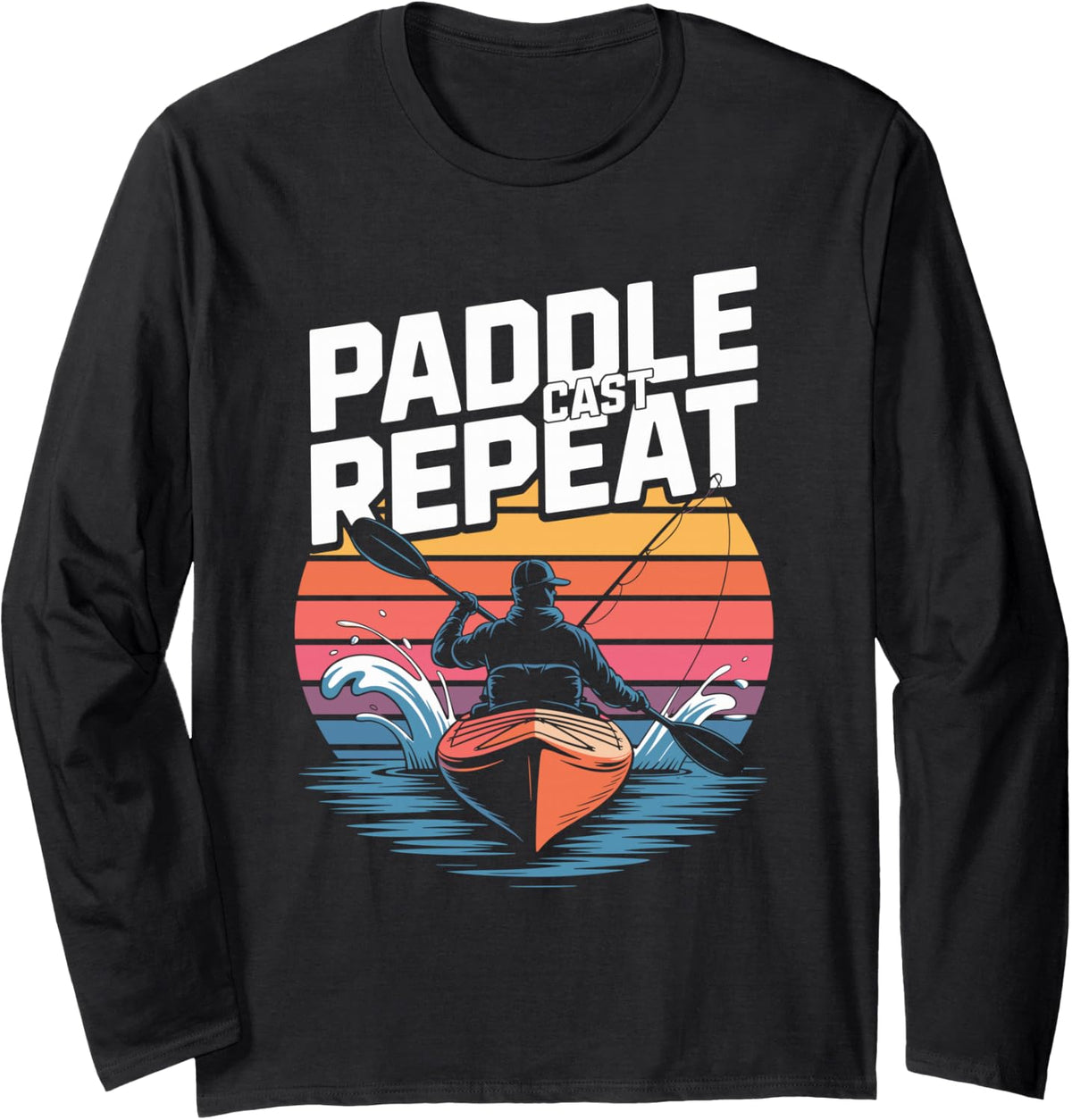 Paddle Cast Repeat Kayak Fishing Outdoor Adventure Long Sleeve T-Shirt - Adult Unisex Black