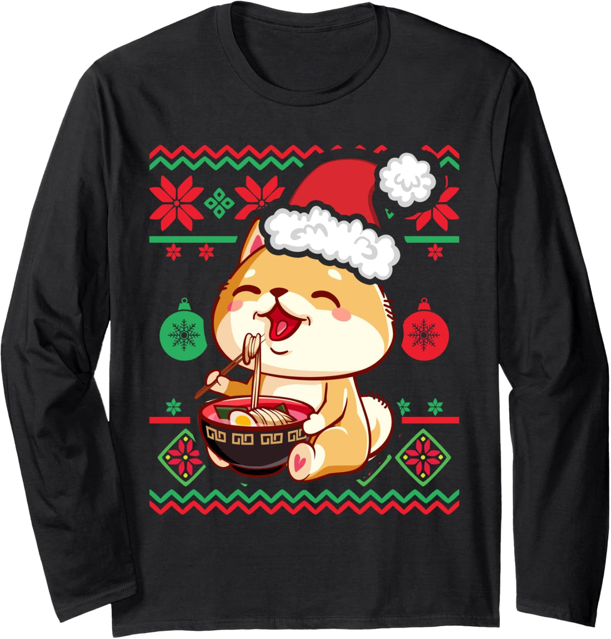 Ugly Christmas Sweater Kawaii Anime Shiba Inu Eating Ramen Long Sleeve T-Shirt - Adult Unisex Black