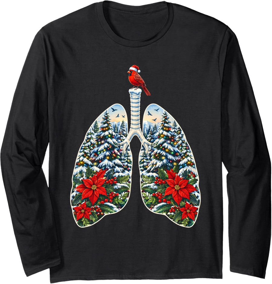 Respiratory Therapist Lungs Christmas Lights RT Holiday Long Sleeve T-Shirt - Adult Unisex Black