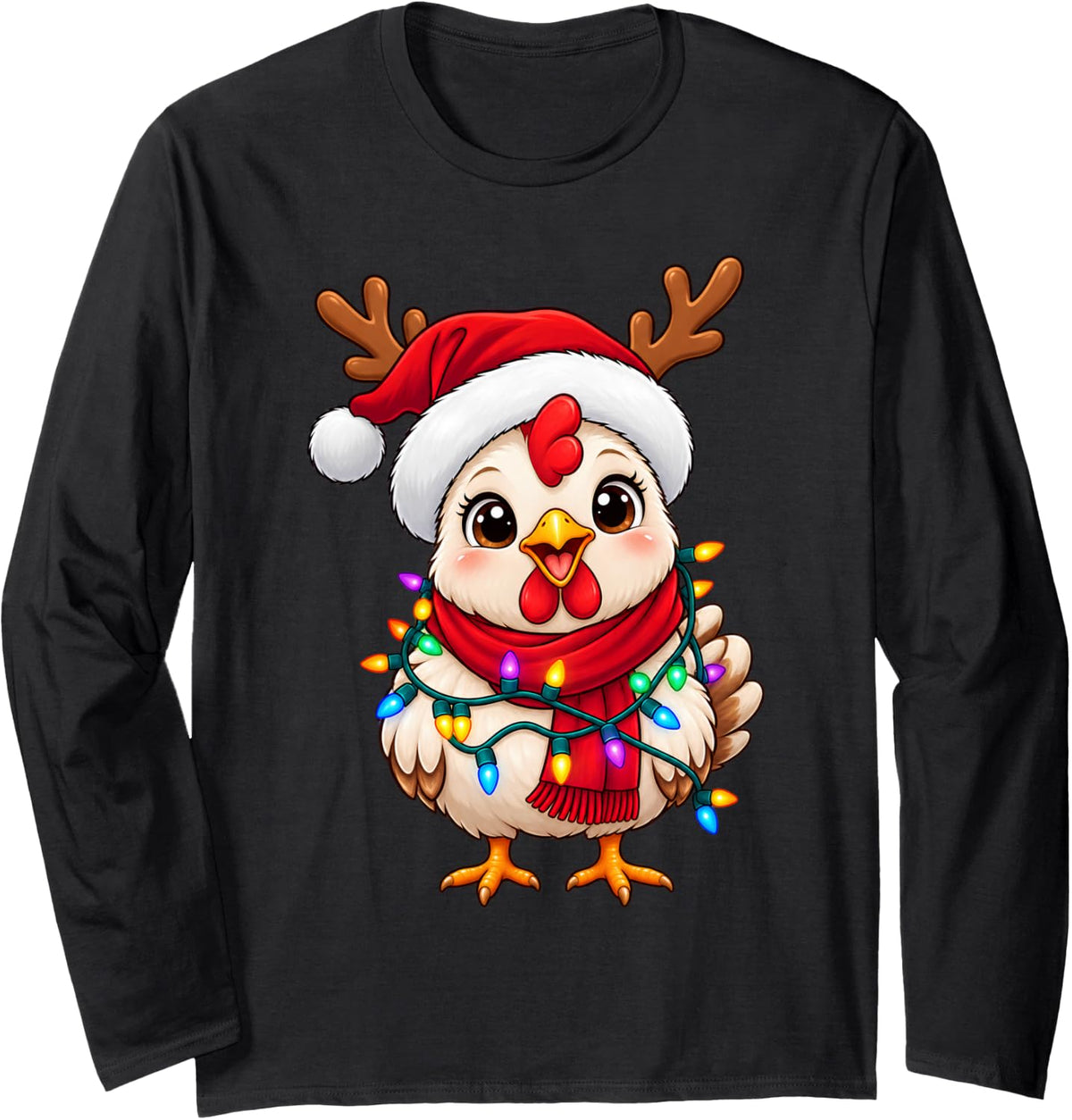 Chicken Christmas Reindeer Santa Hat Lights Holiday Xmas Long Sleeve T-Shirt - Adult Unisex Black
