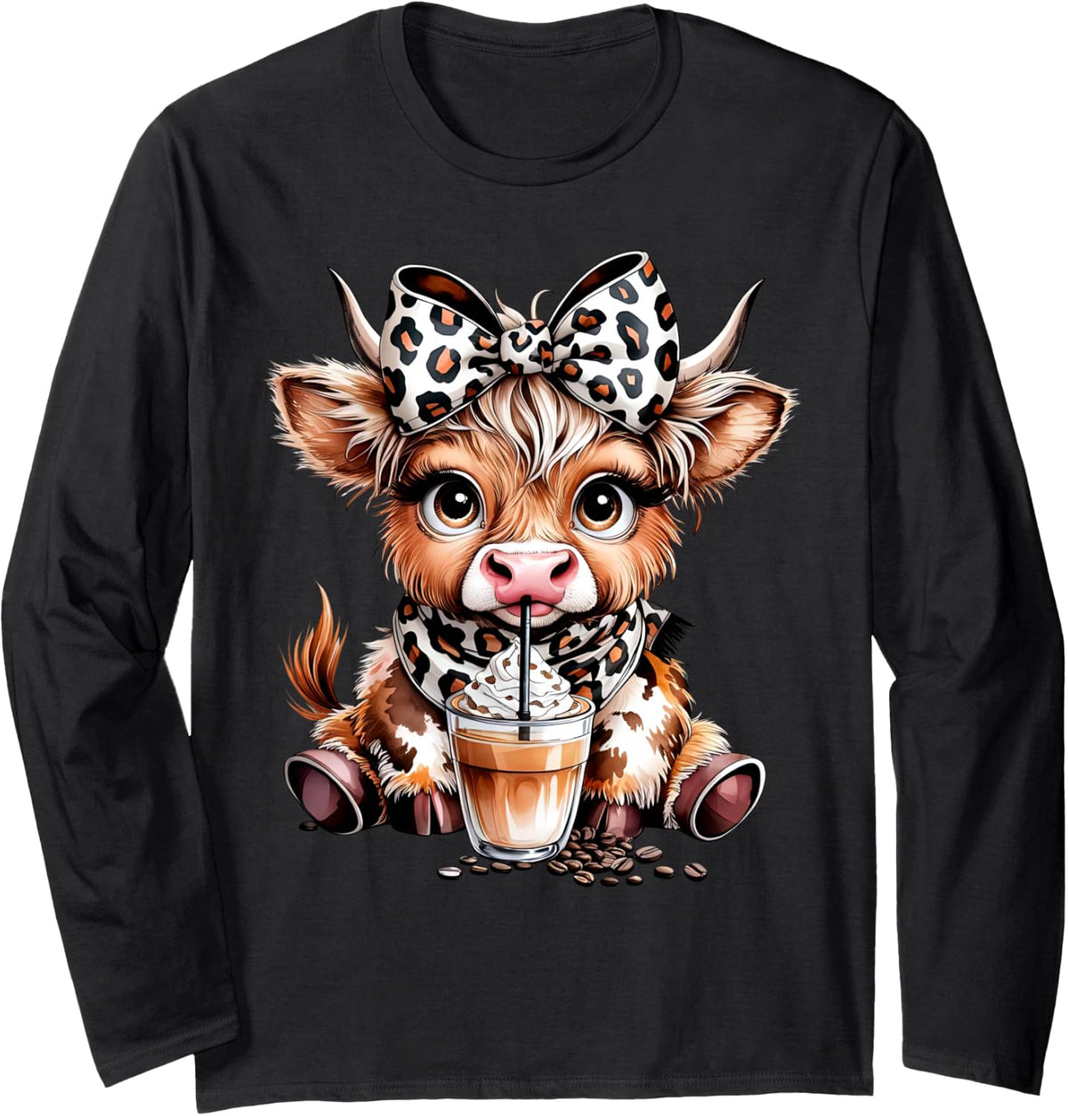 Leopard Coquette Bow Coffee Addict Highland Cow Drink Coffee Long Sleeve T-Shirt - Adult Unisex Black