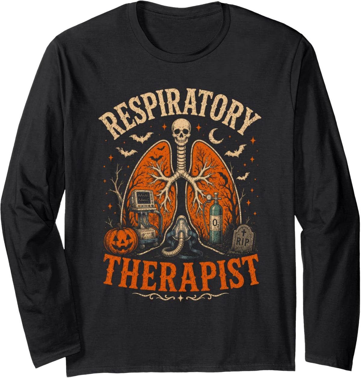 Respiratory Therapist Horror Lungs Halloween Medical Long Sleeve T-Shirt - Adult Unisex Black