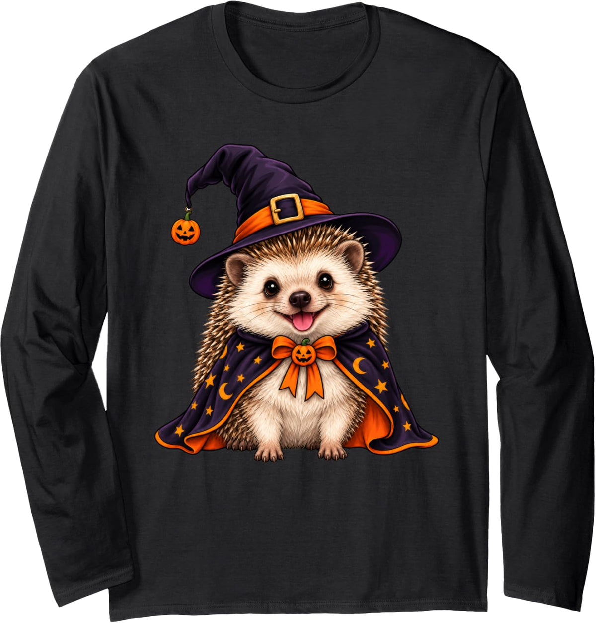 Hedgehog Dressed As A Witch Halloween Long Sleeve T-Shirt - Adult Unisex Black