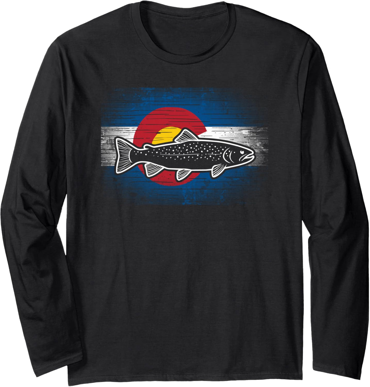 Trout Fly Fishing Weathered Colorado Flag Long Sleeve T-Shirt - Adult Unisex Black