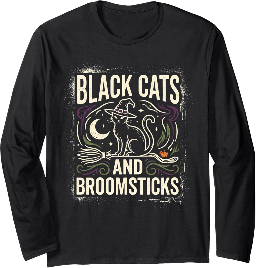 Black Cats and Broomsticks Witchy Halloween Design Long Sleeve T-Shirt - Adult Unisex Black