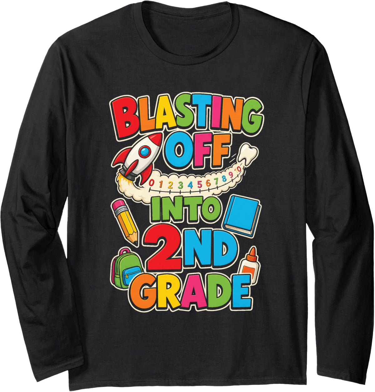Second 2nd Grade Blasting Off Into First Day of School Long Sleeve T-Shirt - Adult Unisex Black