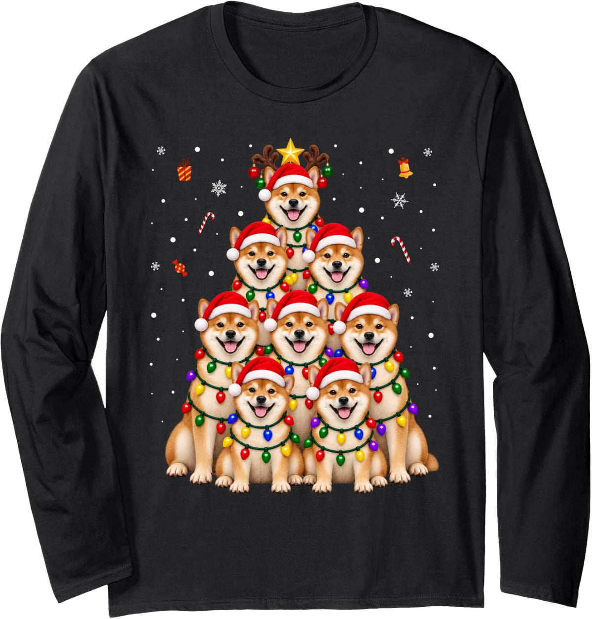 Shiba Inu Dog Christmas Tree Dogs Santa Hats Lights Xmas Long Sleeve T-Shirt - Adult Unisex Black