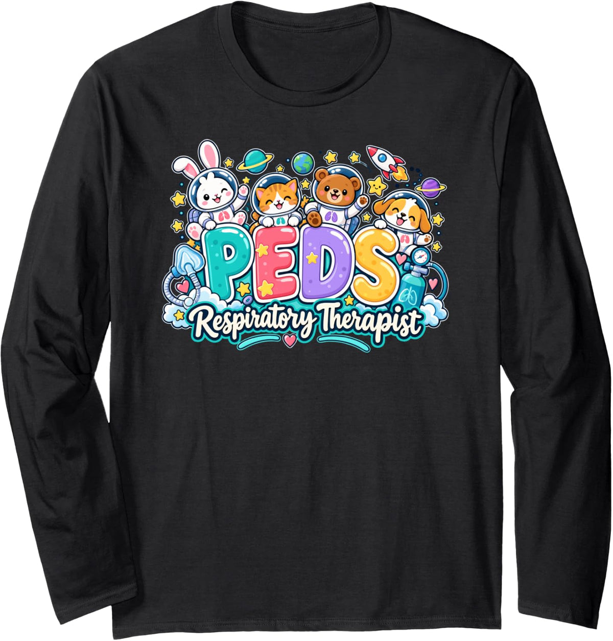 PEDS Respiratory Therapist Cute Space Animals Healthcare RT Long Sleeve T-Shirt - Adult Unisex Black