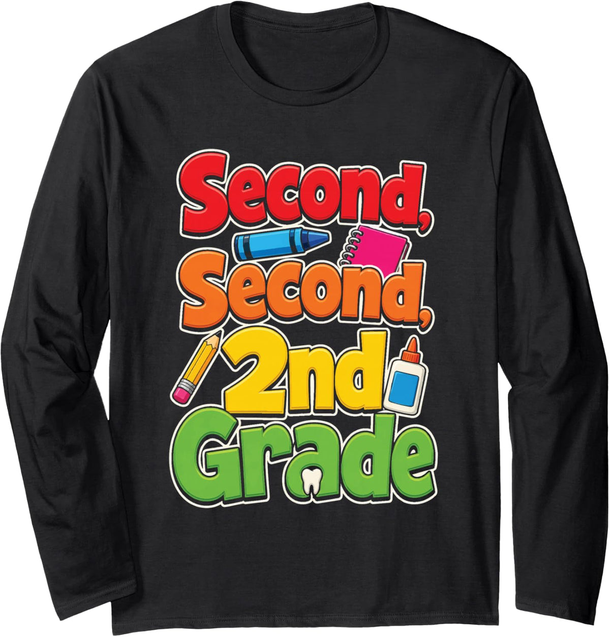 2nd Grade Second Elementary First Day Loose Tooth Kids Long Sleeve T-Shirt - Adult Unisex Black