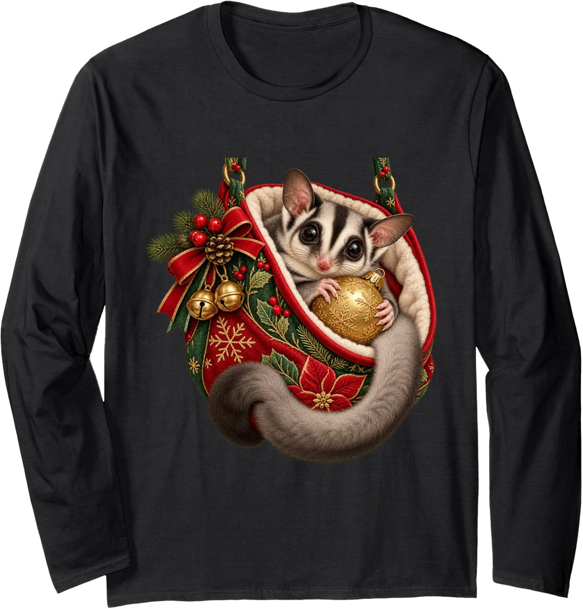 Cute Christmas Sugar Glider in Pouch Holiday Animal Long Sleeve T-Shirt - Adult Unisex Black