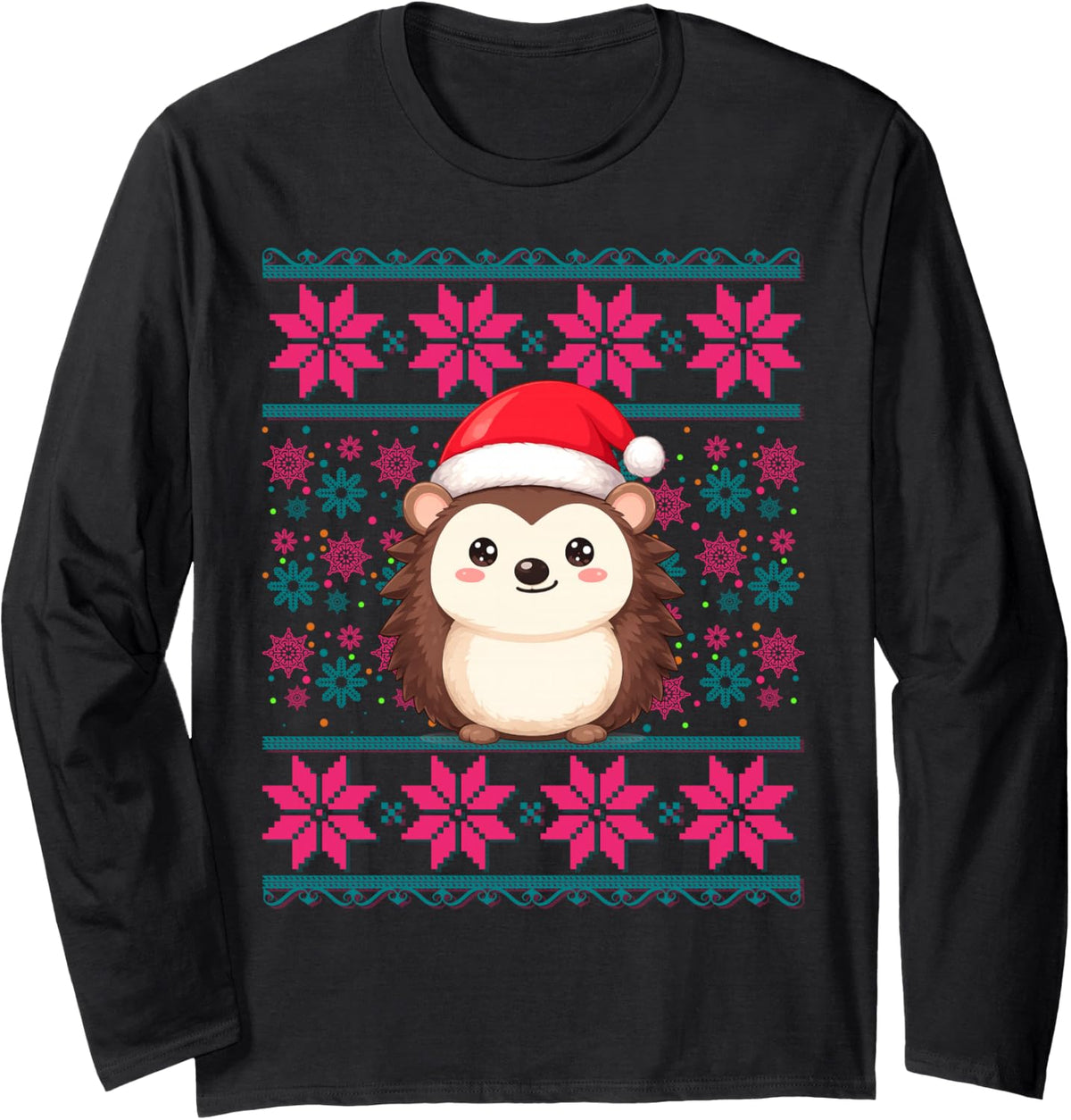 Cute Hedgehog Wearing Santa Hat Ugly Christmas Pajama Girls Long Sleeve T-Shirt - Adult Unisex Black