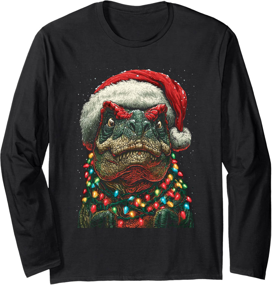 T-rex with Snow Christmas Lights Santa Hat Winter Dinosaur Long Sleeve T-Shirt - Adult Unisex Black