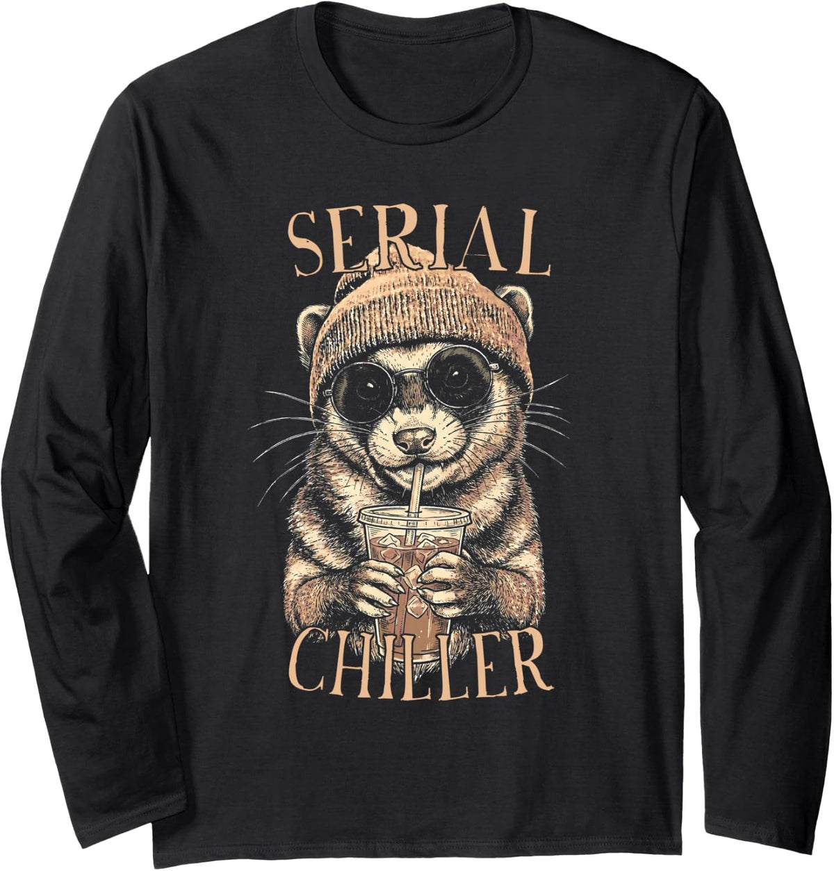 Ferret Chiller Beanie Iced Coffee Long Sleeve T-Shirt - Adult Unisex Black
