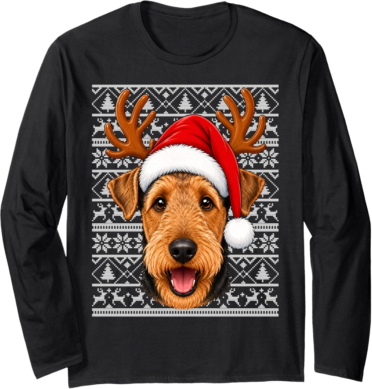 Airedale Terrier Dog Christmas Santa Hat Ugly Sweater Xmas Long Sleeve T-Shirt - Adult Unisex Black