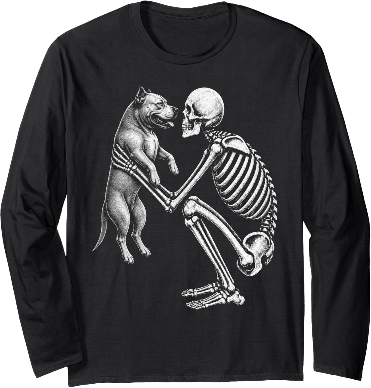Skeleton Holding Pitbull Retro Halloween Pittie Dog Long Sleeve T-Shirt - Adult Unisex Black