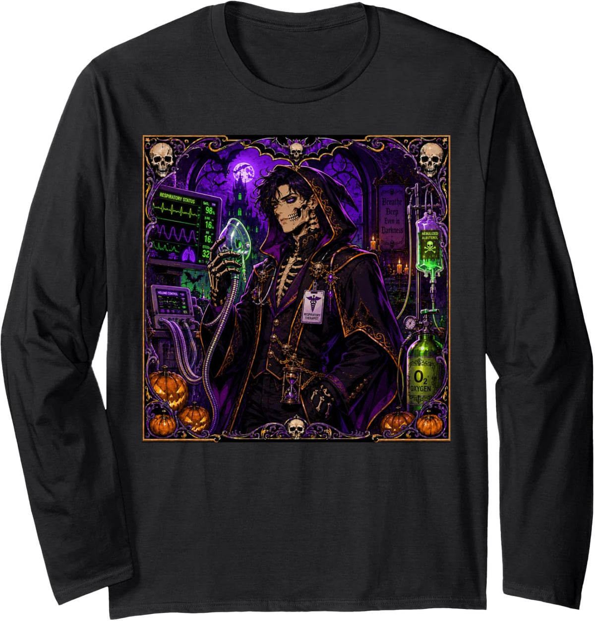 Respiratory Therapist Therapy Skeleton Spooky Horror Mens Long Sleeve T-Shirt - Adult Unisex Black