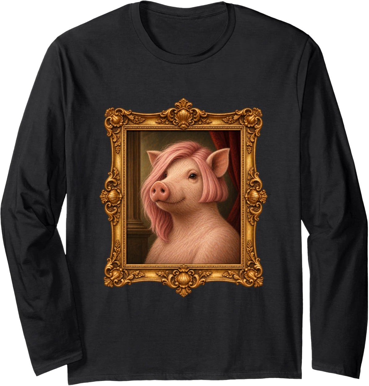 Pig Pink Asymmetrical Bob Funny Animal Portrait Long Sleeve T-Shirt - Adult Unisex Black