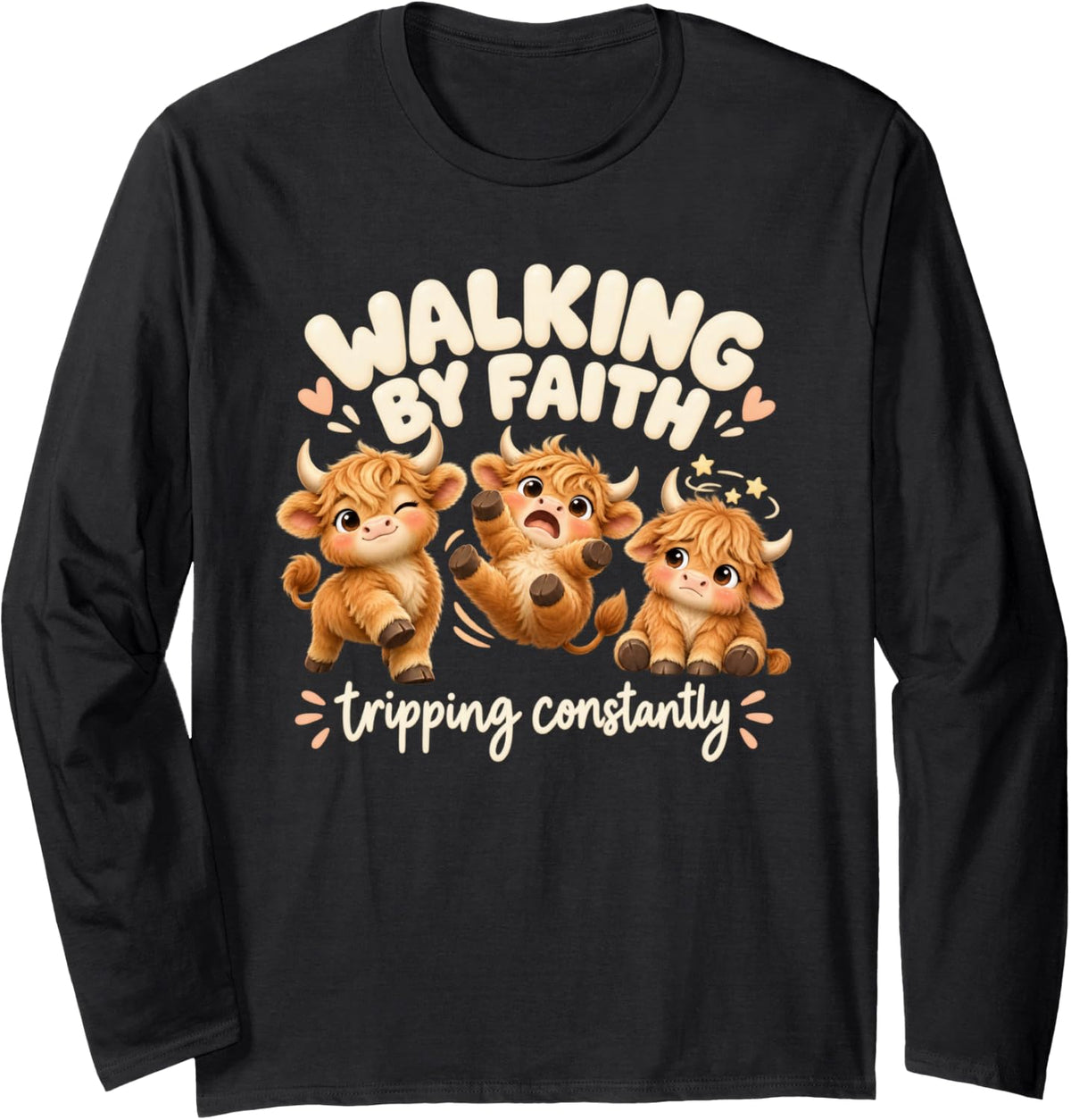 Silly Kawaii Cow Funny Walking By Faith Tripping Constantly Long Sleeve T-Shirt - Adult Unisex Black