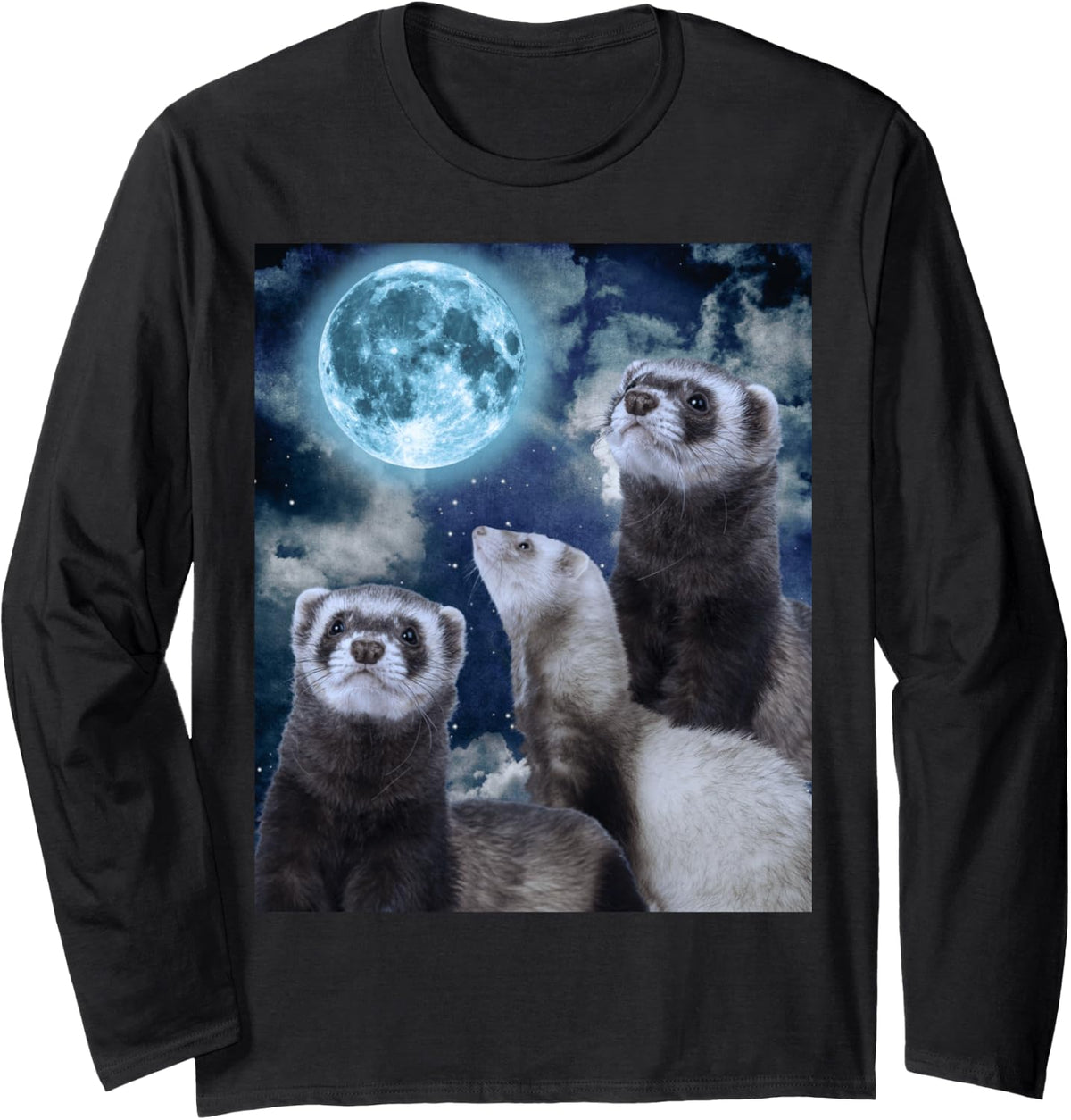Cute Funny 3 Ferret Howling at the Moon Graphic Design Tees Long Sleeve T-Shirt - Adult Unisex Black