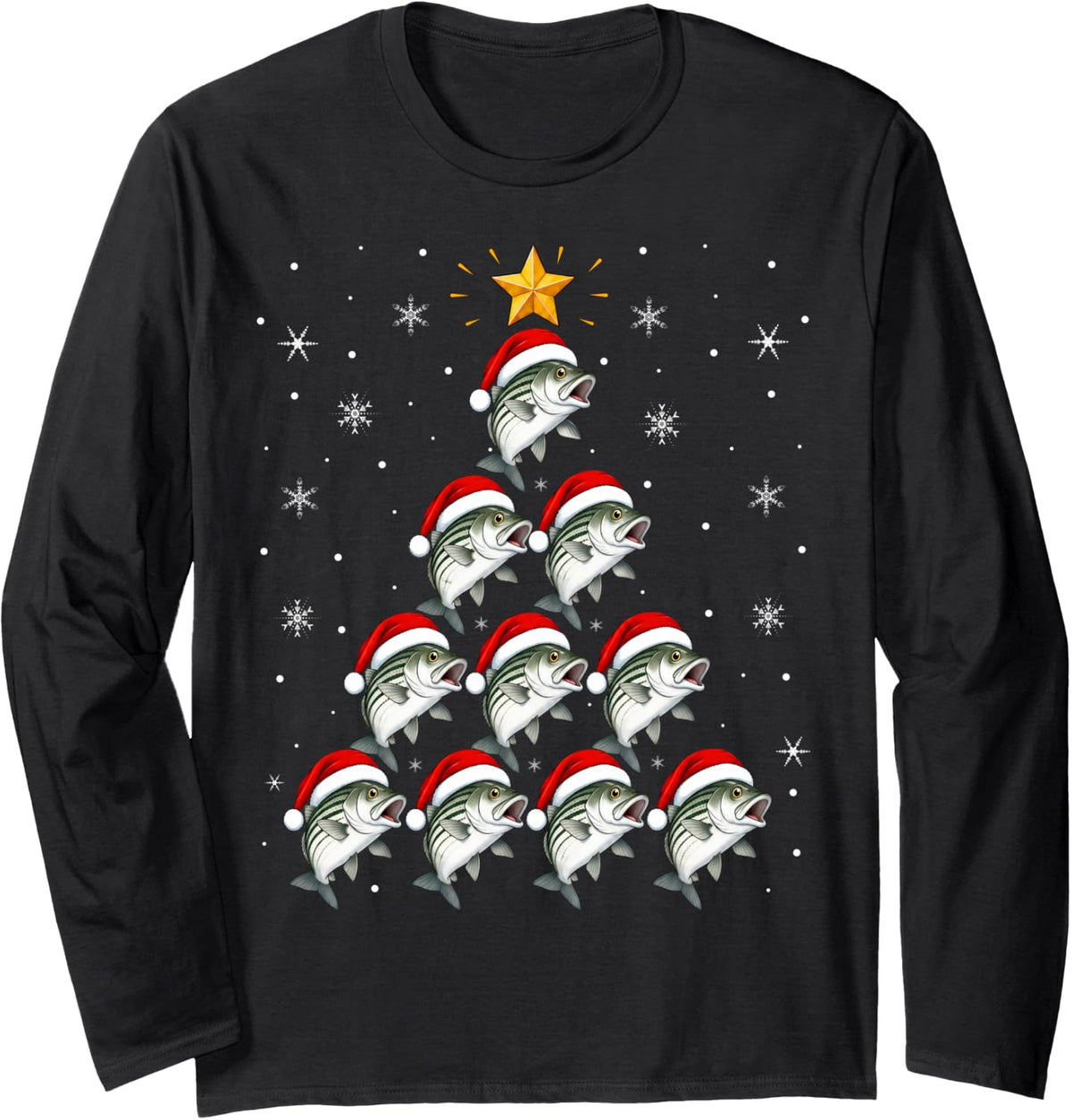 Cute Festive Santa Hat Striped Bass Fish Christmas Tree Long Sleeve T-Shirt - Adult Unisex Black