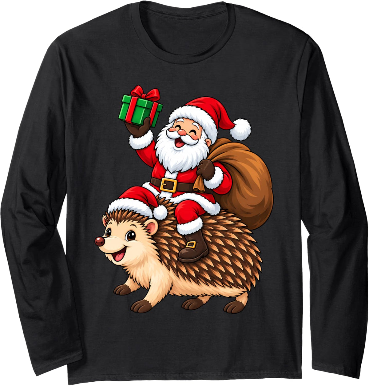 Funny Festive Santa Riding Hedgehog Christmas Long Sleeve T-Shirt - Adult Unisex Black