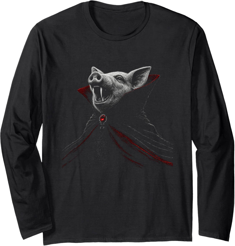 Pig Halloween Pig Lover Spooky Gothic Vampire Long Sleeve T-Shirt - Adult Unisex Black